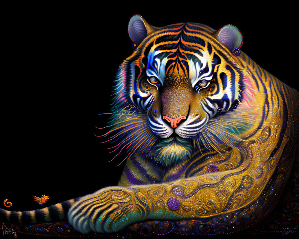 Colorful Tiger Artwork with Intricate Patterns on Black Background