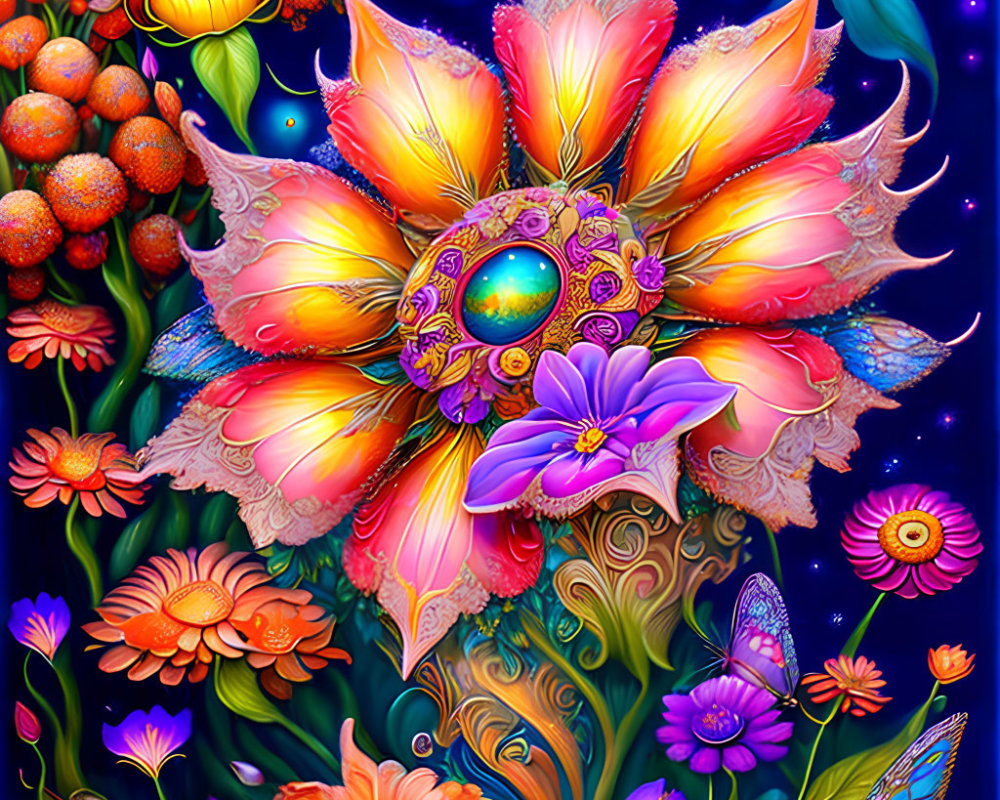 Fantasy floral scene with glowing flowers, orbs, and butterfly on starry night.