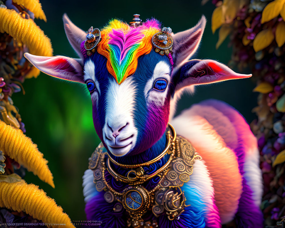 Colorful Rainbow Goat with Jewelry and Piercings on Floral Background