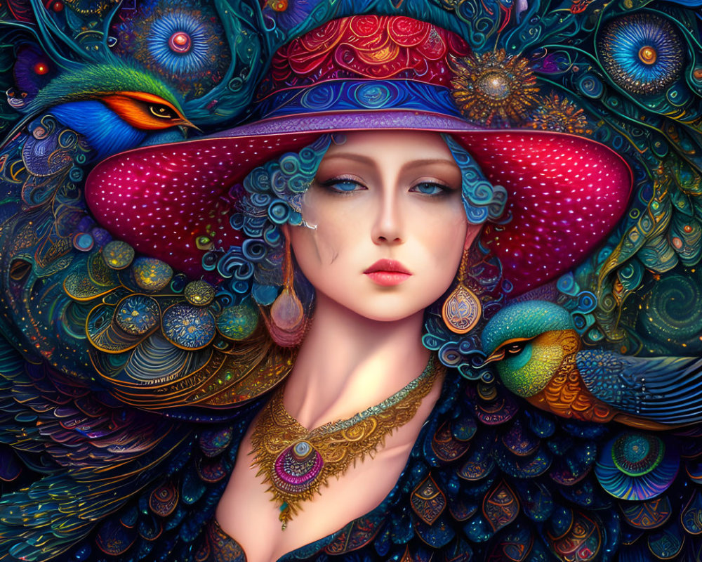 Colorful artwork of a woman in red hat with peacock feather patterns.