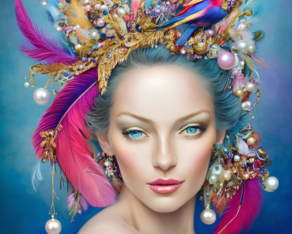 Colorful feathered headgear and striking blue eyes in digital portrait