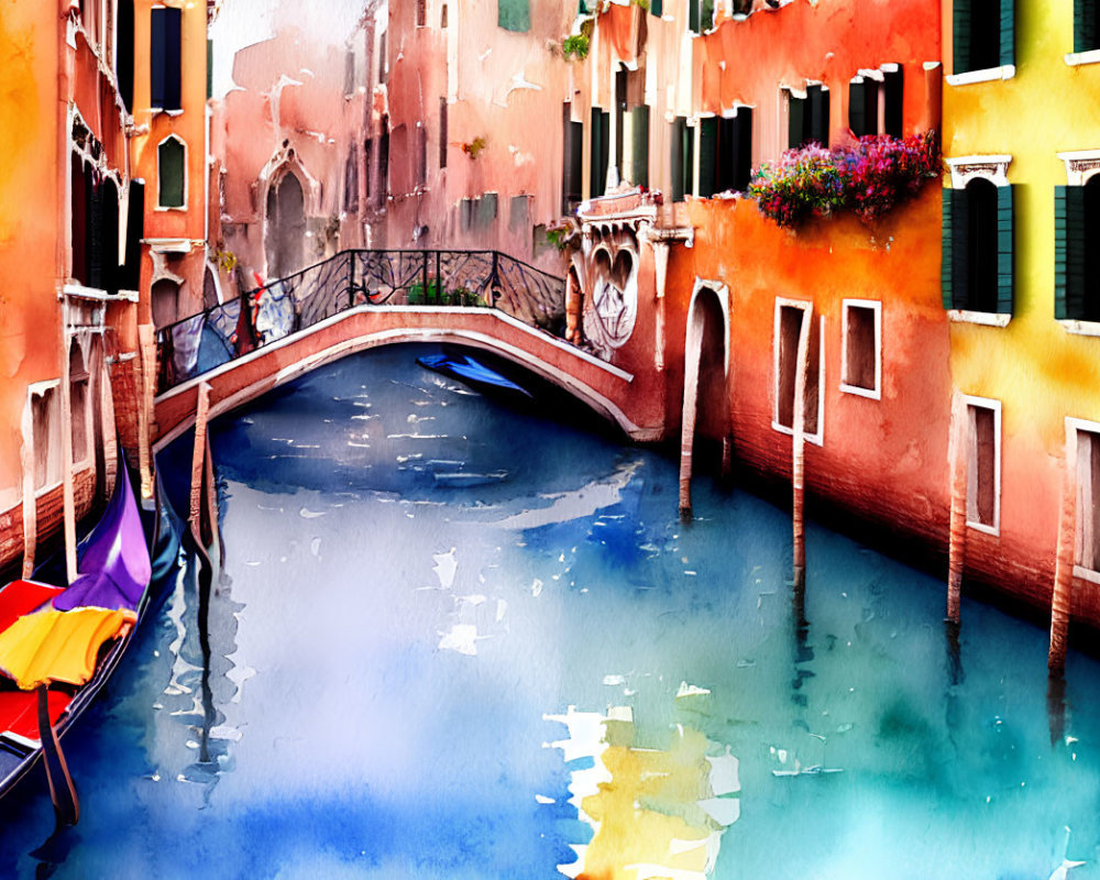 Colorful Watercolor Painting of Venetian Canal
