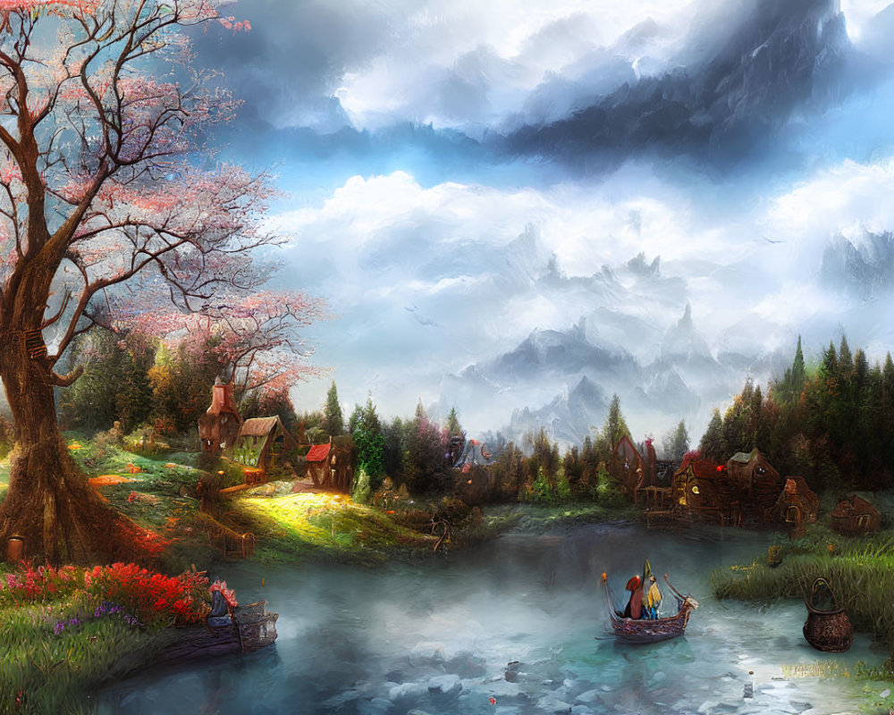 Scenic village by river with rowboat, flowers, and mountains