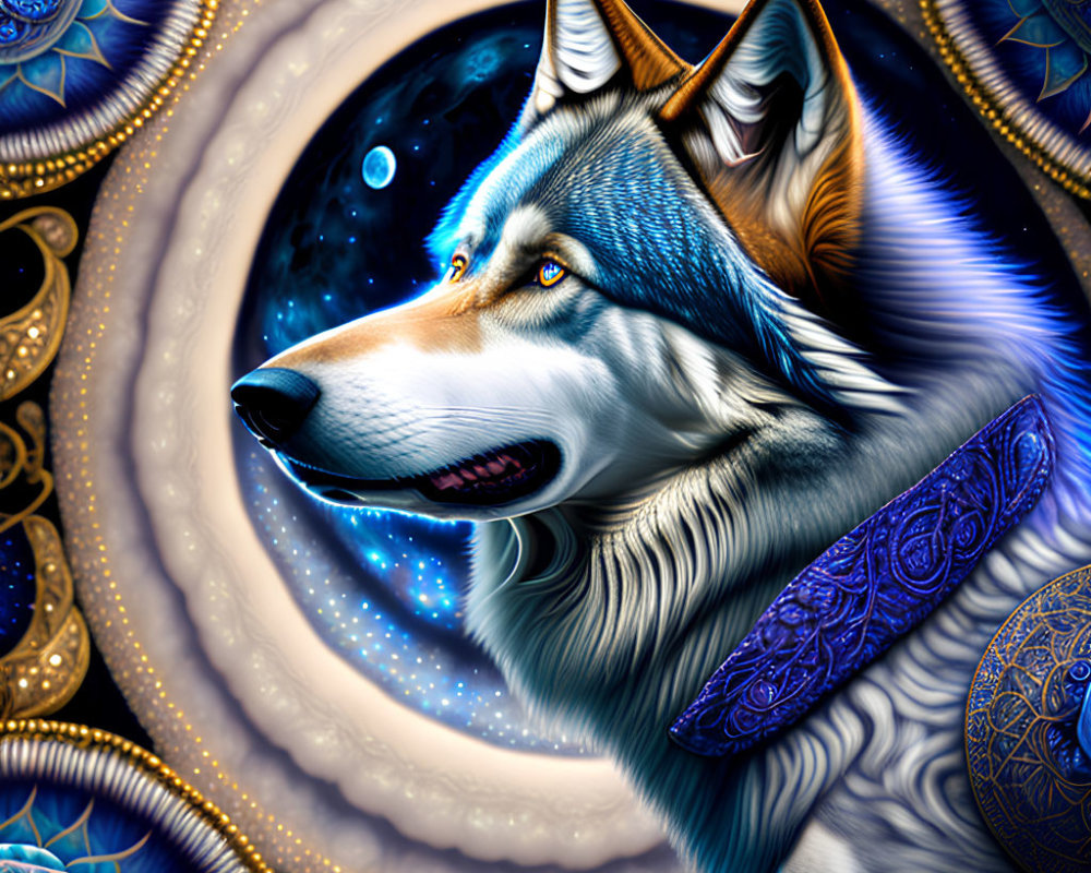 Detailed digital art: blue and white husky against cosmic backdrop