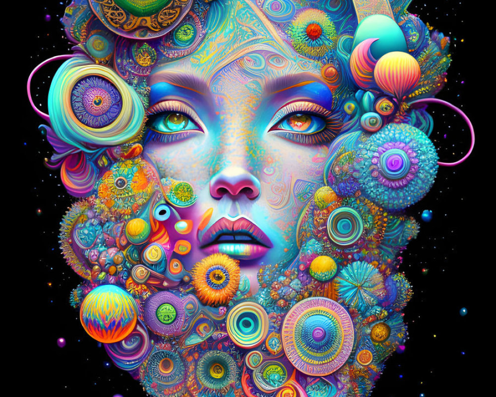 Colorful psychedelic portrait of woman with celestial and marine patterns