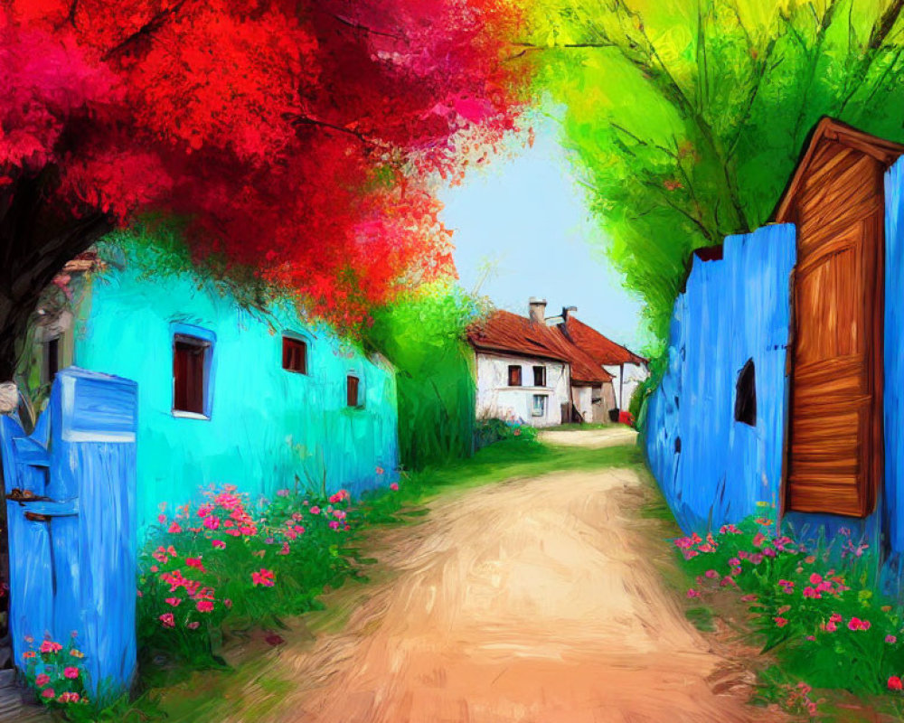 Colorful painting of quaint village lane with blue fences and white houses