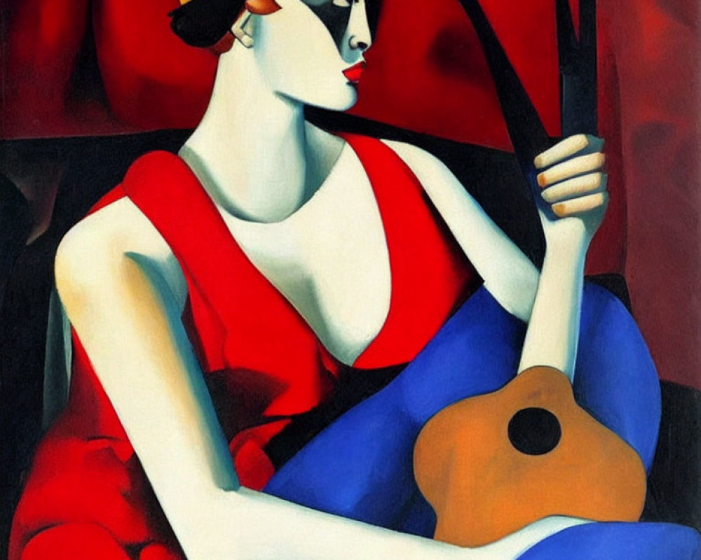 Colorful geometric painting of woman with red hat and guitar
