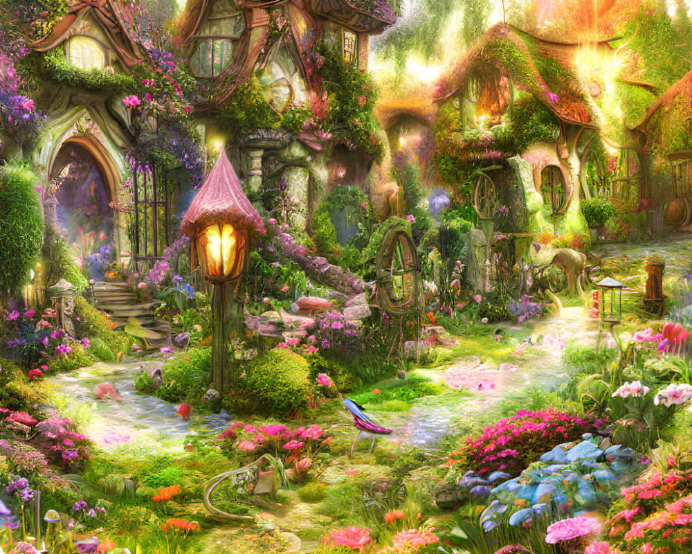Forest cottage with vibrant flowers, lanterns, and magical ambiance
