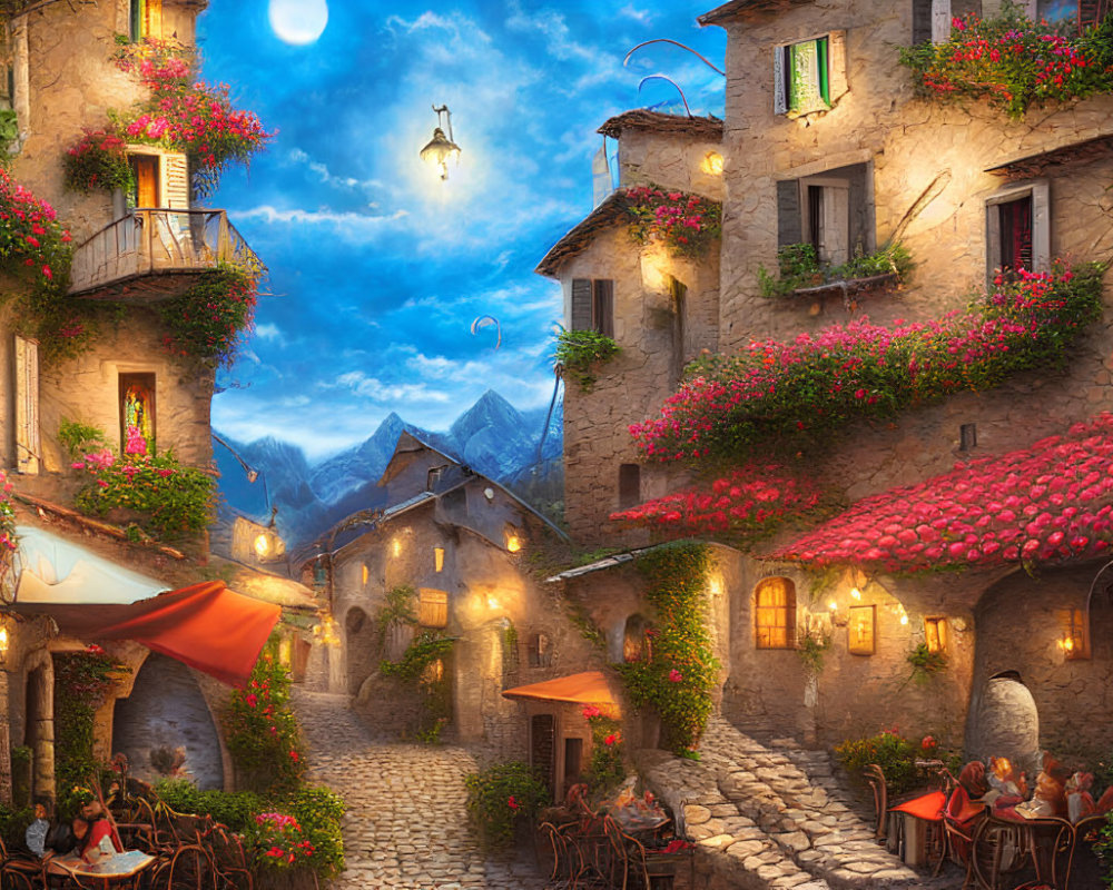 Picturesque cobblestone street in quaint village with stone buildings, colorful flowers, warm lights, and