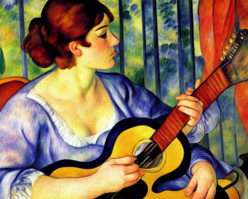 Red-haired woman playing guitar in blue blouse against green and orange striped background