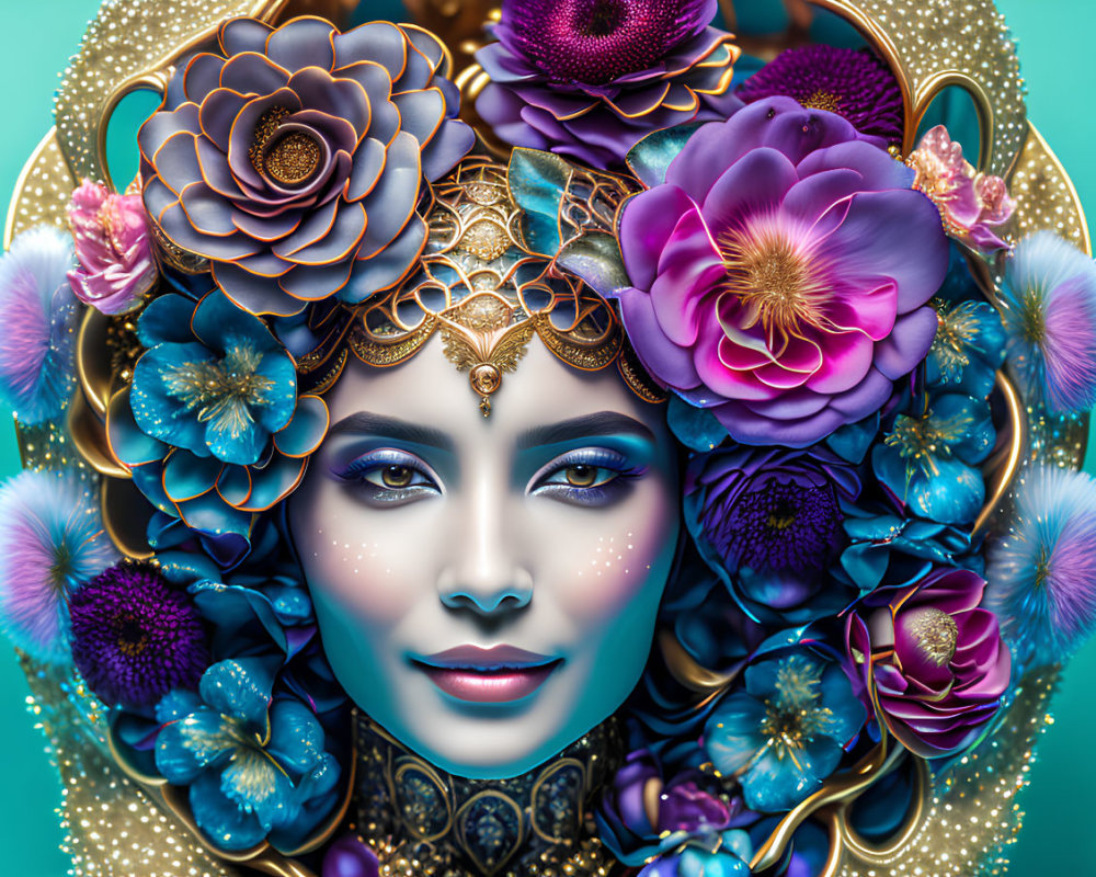 Colorful digital artwork featuring a serene woman with floral headdress on teal background