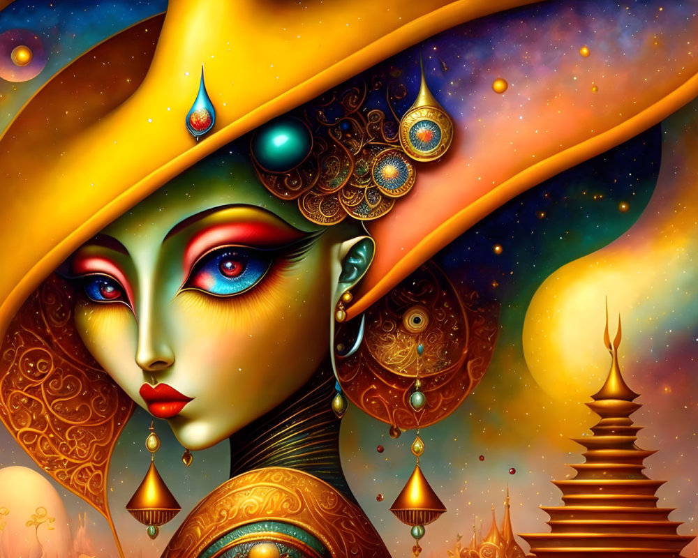 Colorful digital artwork of stylized female figure with exotic jewelry and celestial hat in cosmic setting