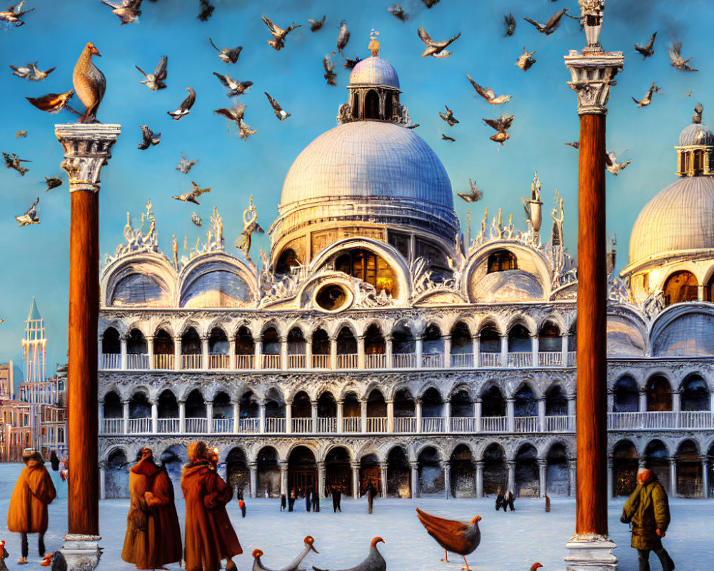 Byzantine architecture and pigeons in flight at Piazza San Marco