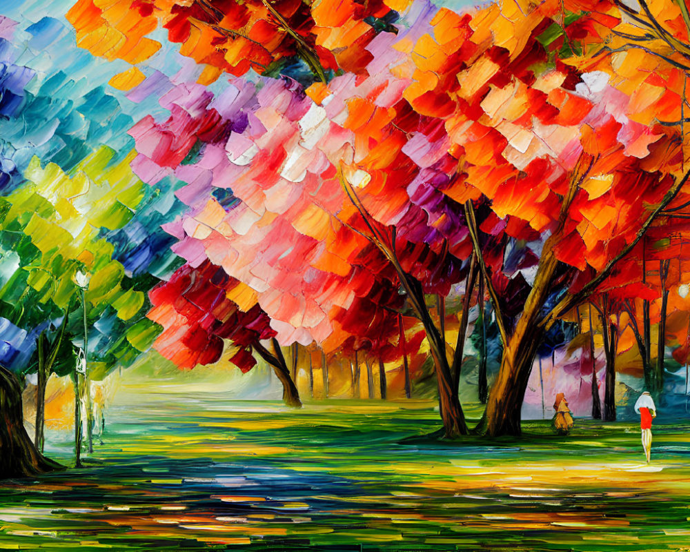 Vibrant impressionist painting of colorful park scene
