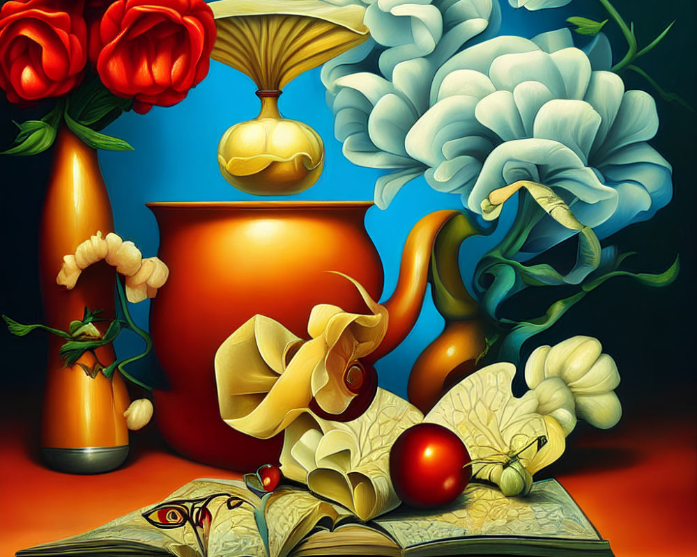 Colorful Still Life Painting with Book, Jug, Vase, and Flowers