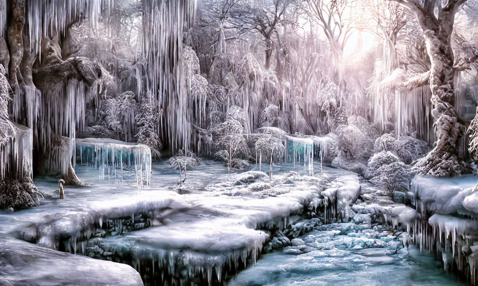 Snowy Landscape with Frozen Waterfalls and Icicles in Soft Sunlight