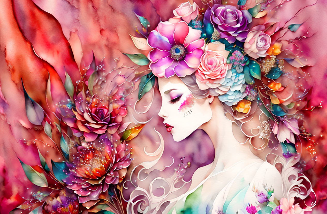 Colorful Floral Headdress on Woman in Dreamy Setting