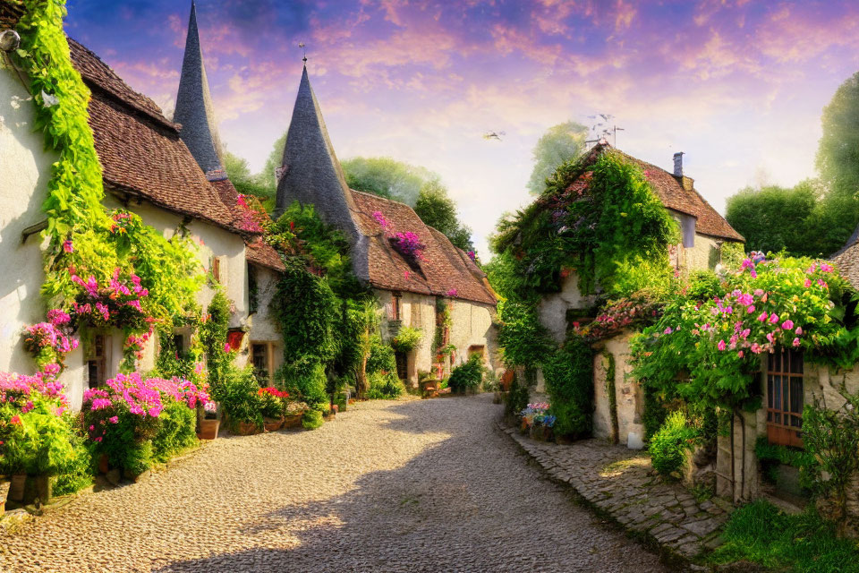 Charming village street with cobblestones, ivy-covered houses, and vibrant sunset sky
