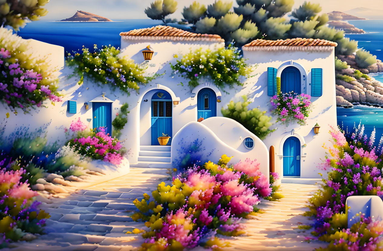 Mediterranean-style white house with blue shutters and vibrant flowers by serene coastal waterscape