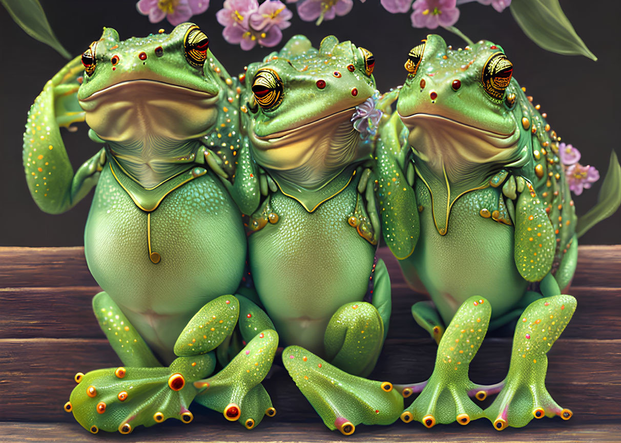 Whimsical green frogs with gold details on wooden surface