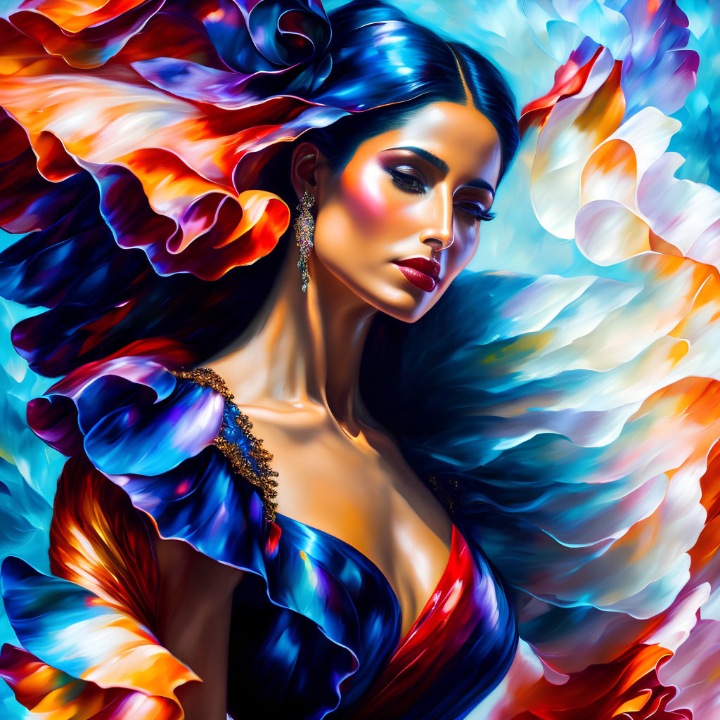 Colorful digital portrait of a woman with flowing hair and blue dress