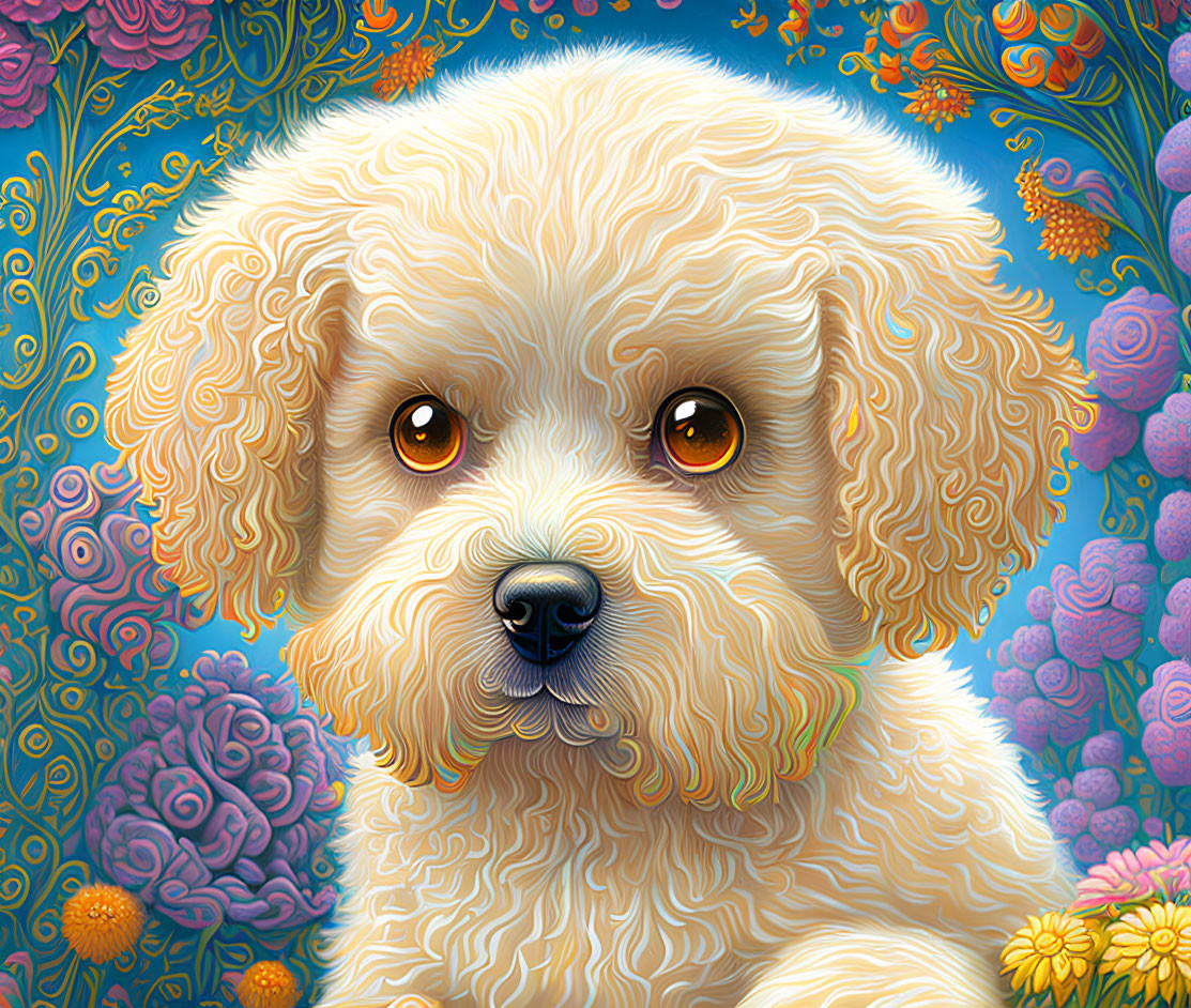 Fluffy beige puppy illustration on vibrant floral background