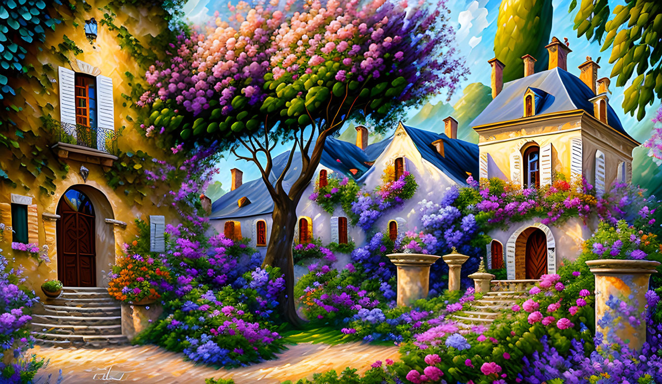 Colorful Painting: Quaint Village Scene with Charming Houses and Lush Gardens