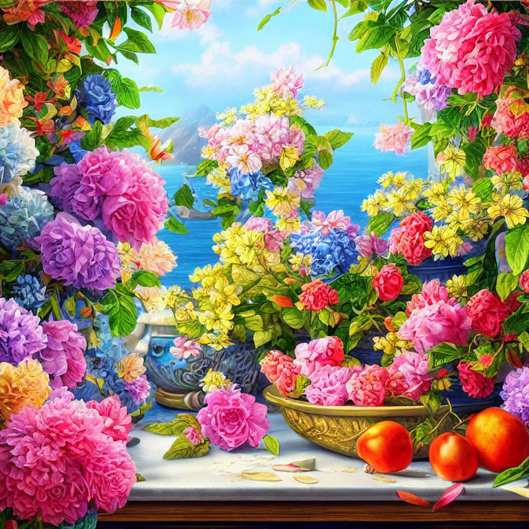 Colorful Flower Painting with Sea Background and Still Life Elements
