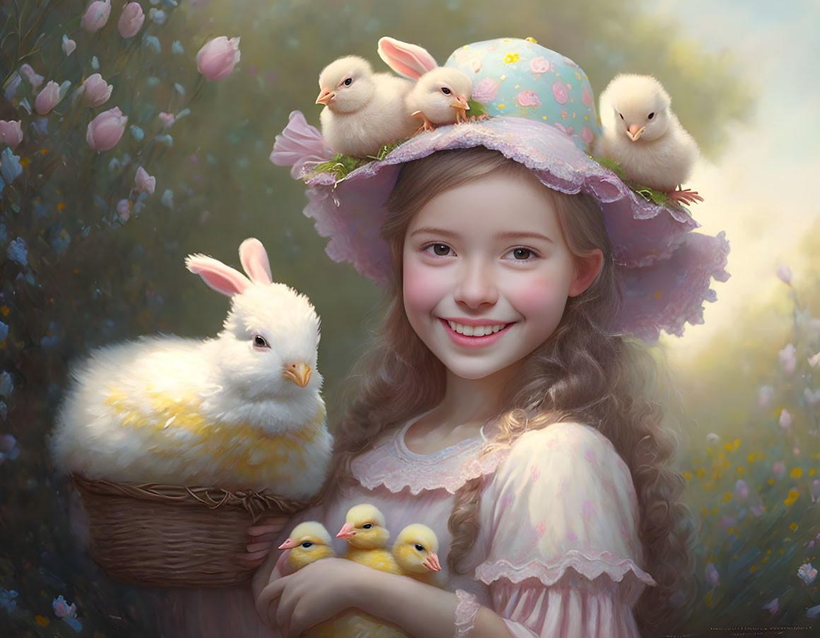 Smiling girl in pastel dress with chicks and flowers, holding basket in floral setting