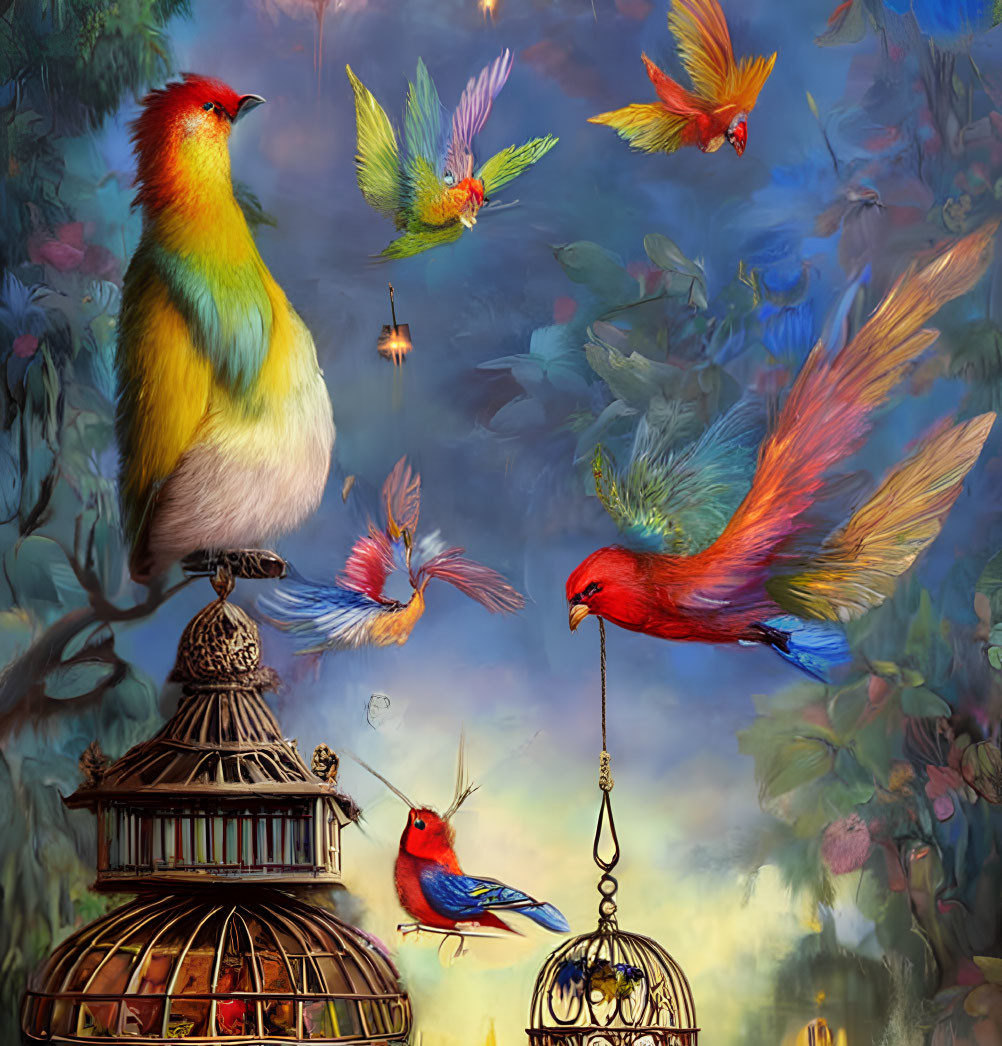 Colorful Birds in Flight and Perched with Open Birdcage in Dreamy Forest