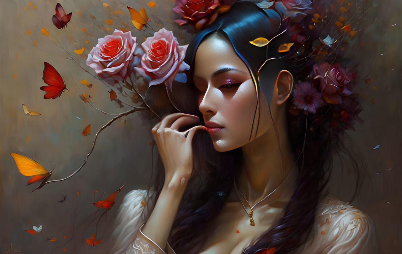 Serene woman with flowers and butterflies in contemplative setting