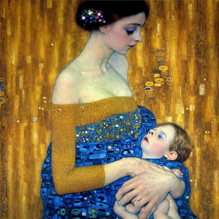 Woman in Blue and Gold Dress Holding Child with Elaborate Patterns and Gold-Leaf Background