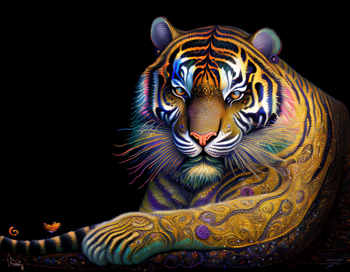 Colorful Tiger Artwork with Intricate Patterns on Black Background