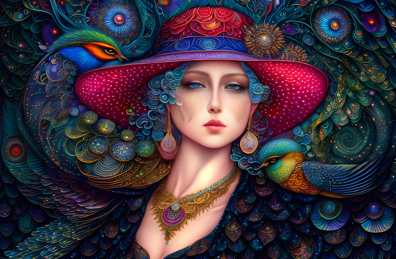 Colorful artwork of a woman in red hat with peacock feather patterns.