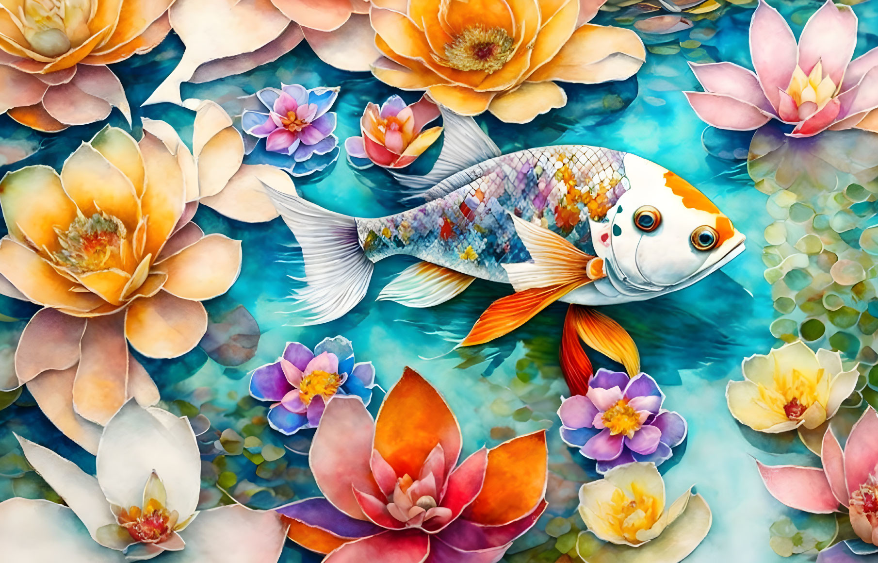 Colorful Fish Swimming Among Multicolored Lotus Flowers in Blue Water
