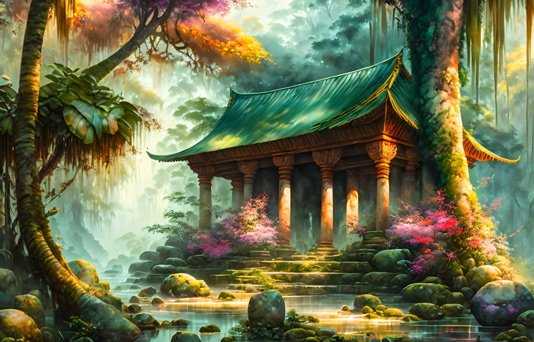 Mystical forest scene with colorful flora, serene pond, and misty ambiance