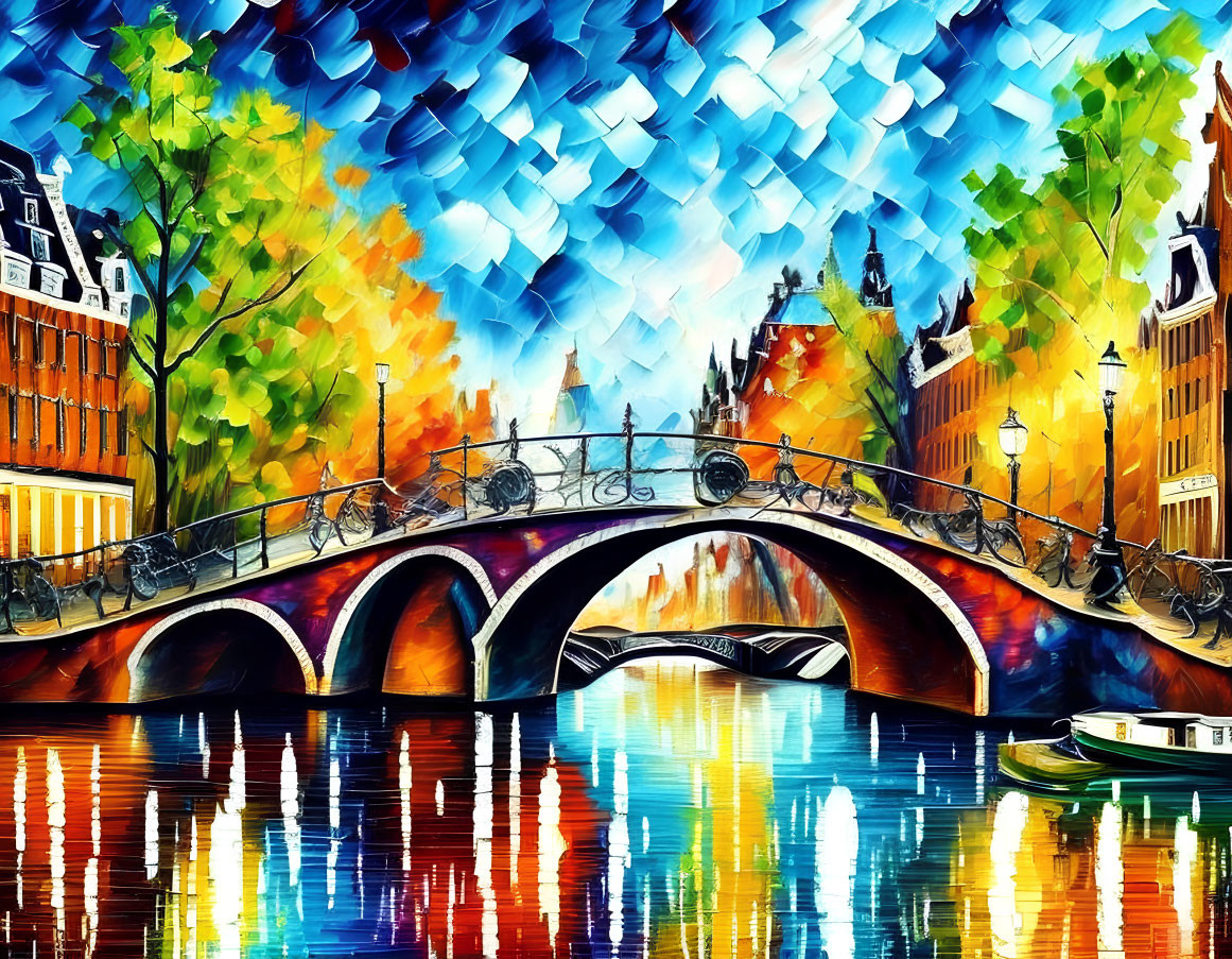 Impressionistic painting: Canal, bridge, bicycles, autumn trees, reflective water, blue sky