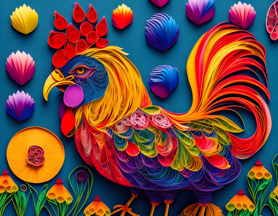 Colorful Rooster Paper Art with Floral Patterns on Blue Background
