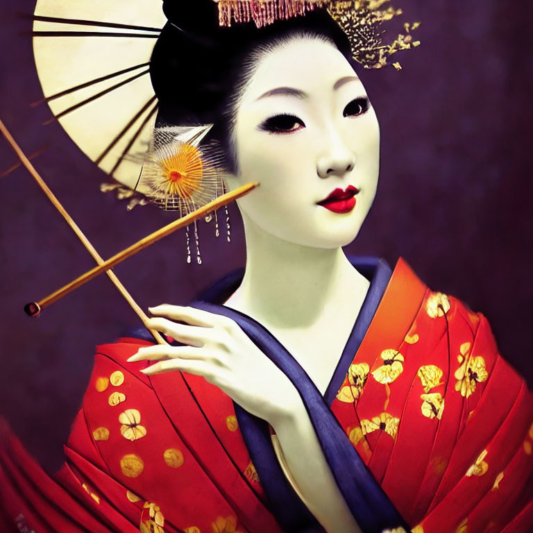 Traditional Geisha in Red Kimono with Gold Leaf Patterns and Paper Umbrella