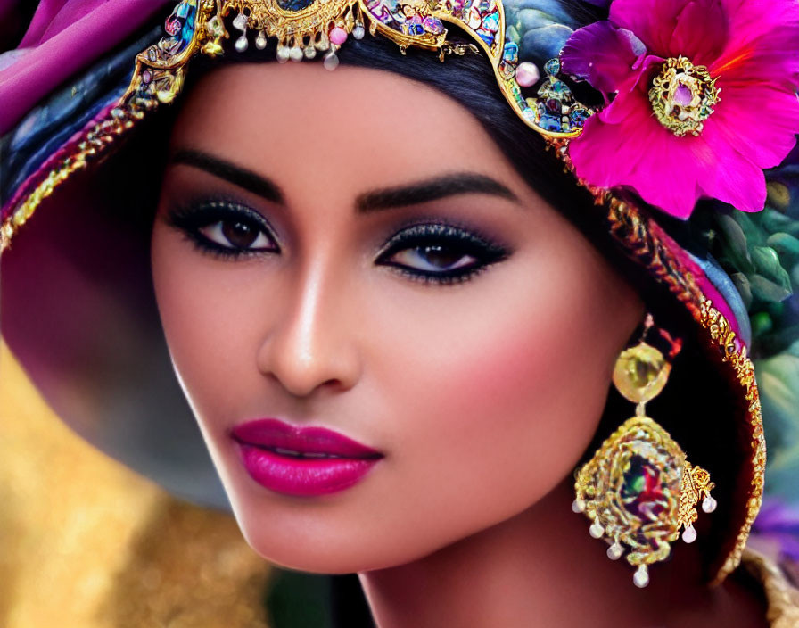 Detailed close-up of woman with dramatic makeup and colorful jewel-embellished headpiece and earrings.
