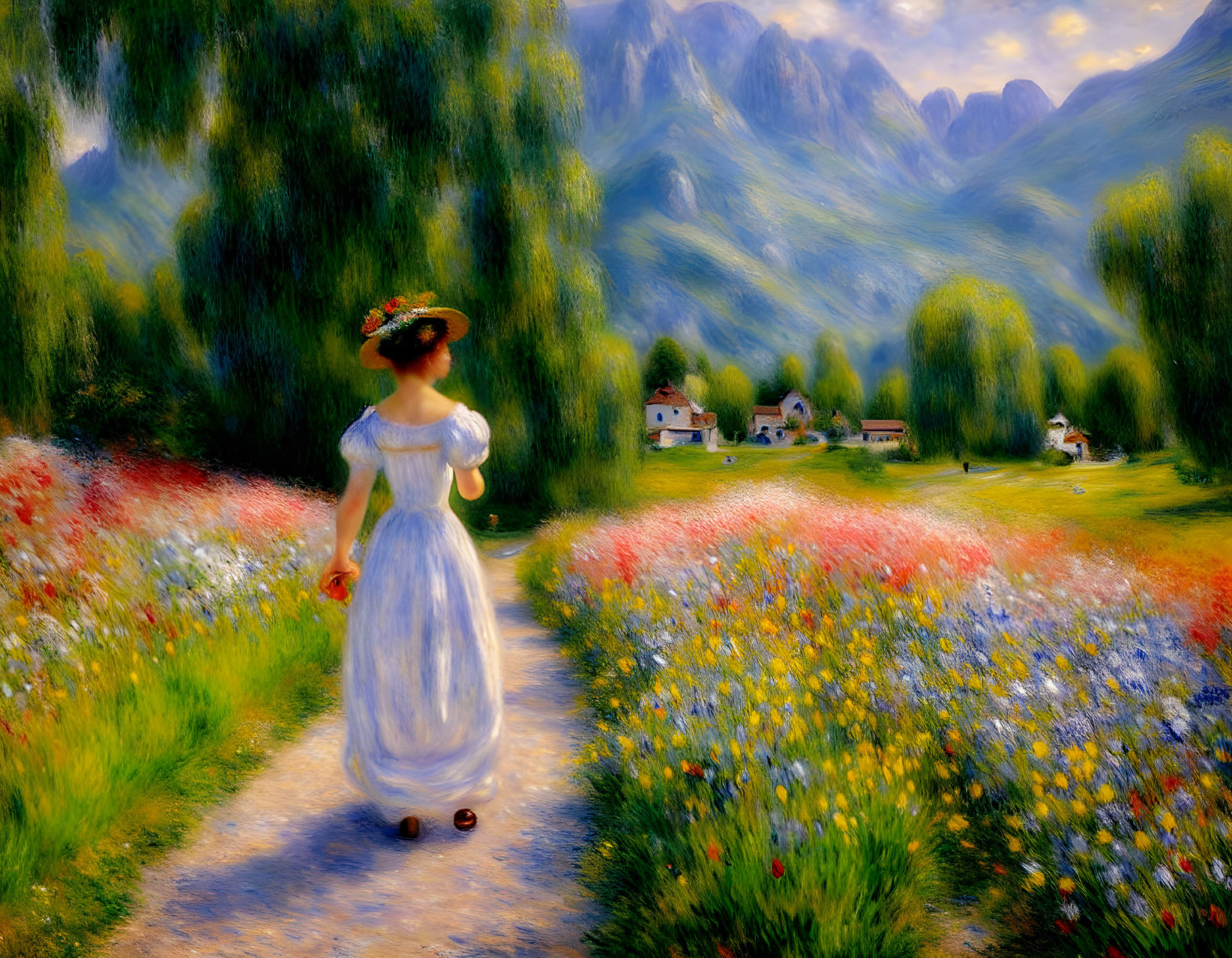 Woman in white dress strolling on flower-lined path to village with mountain backdrop