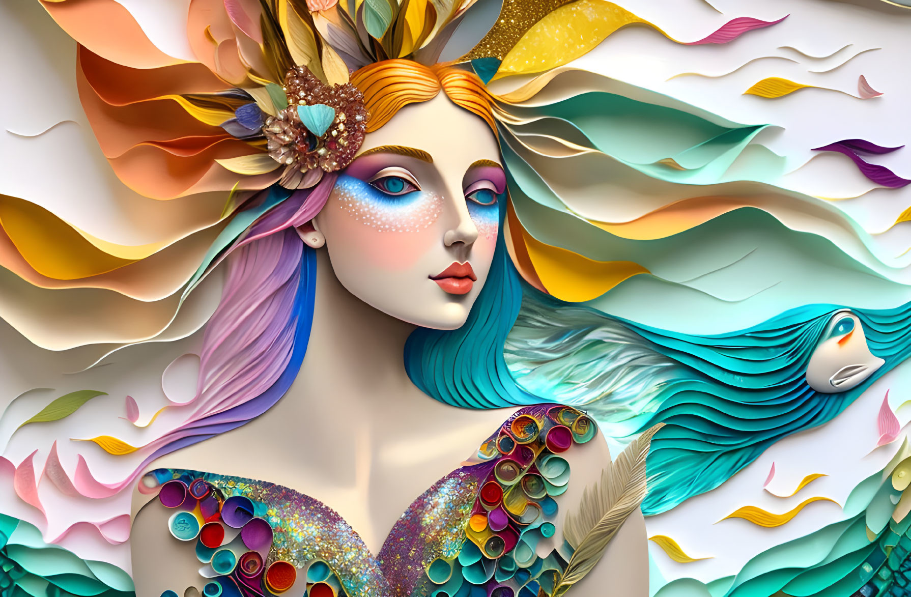 Colorful digital artwork of a woman with multicolored hair and floral adornments