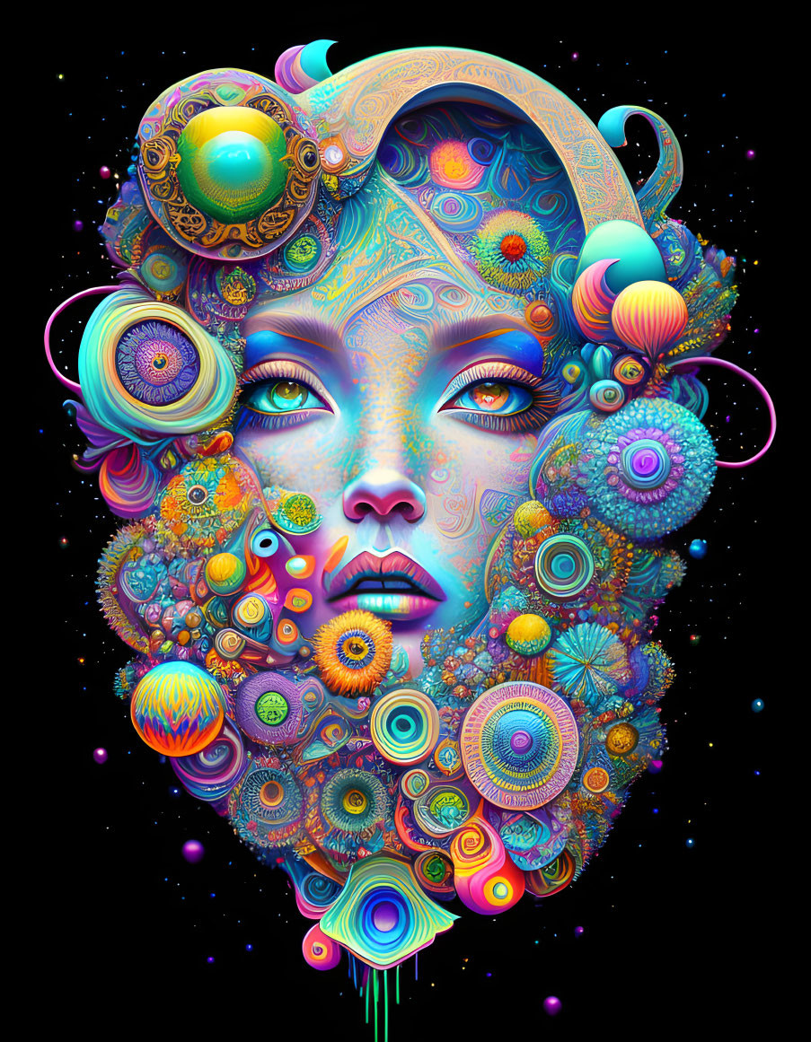 Colorful psychedelic portrait of woman with celestial and marine patterns