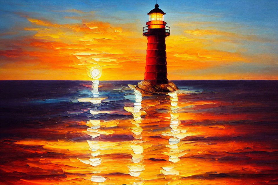 Red lighthouse painting in sunset sky with water reflections