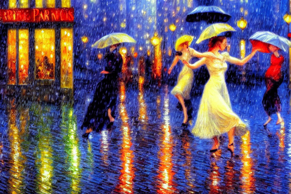 Colorful painting of people dancing with umbrellas on a rainy city street at night