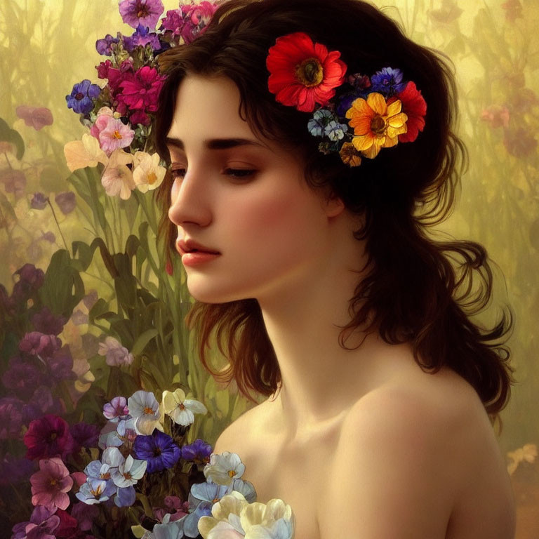Young woman with floral wreath in serene setting surrounded by blooming flowers