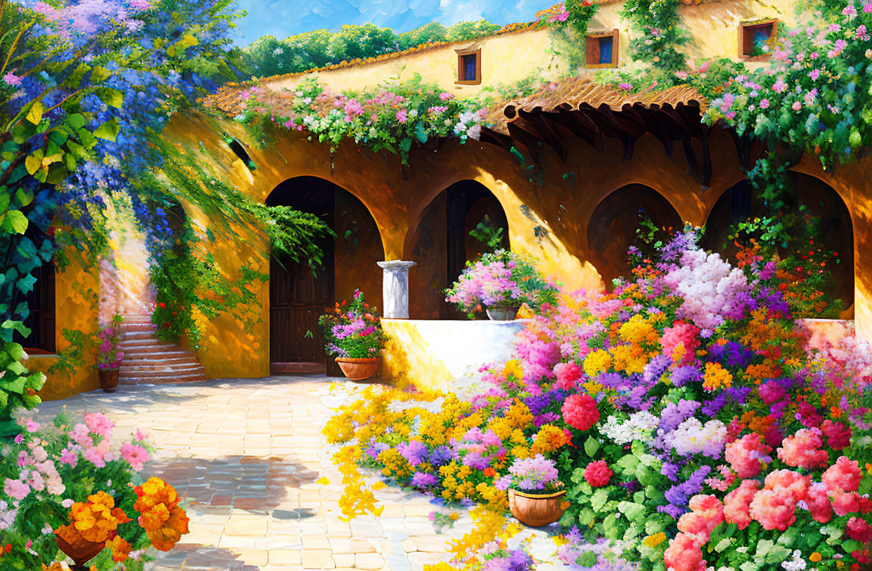 Colorful Blooming Flowers in Sunlit Courtyard Scene