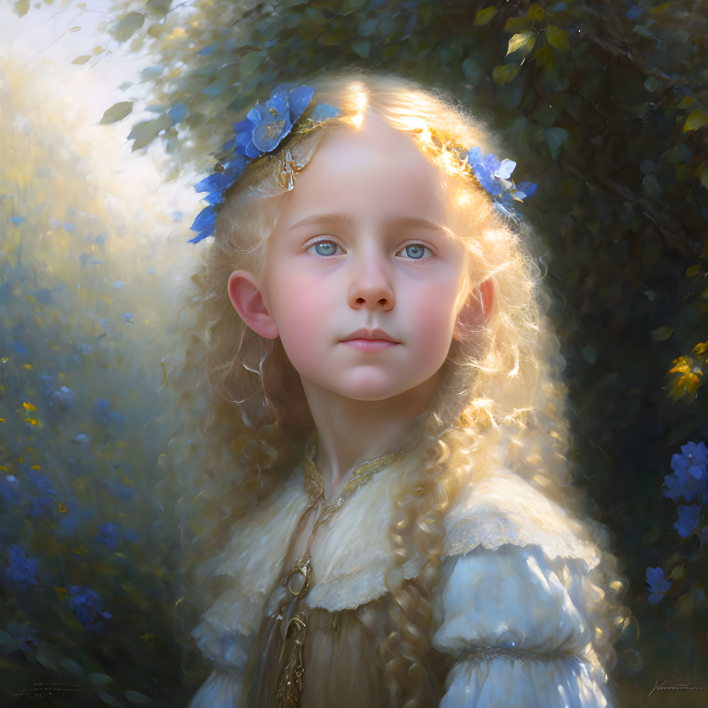 Young girl with blue eyes and blond hair in vintage cream outfit, surrounded by soft light and natural backdrop