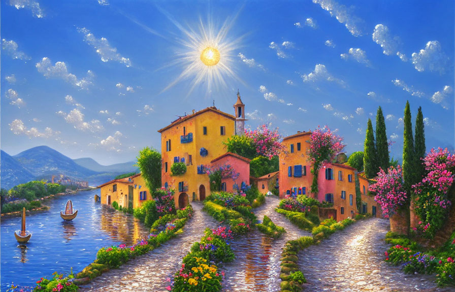 Picturesque lakeside village with cobblestone paths and vibrant flowers.