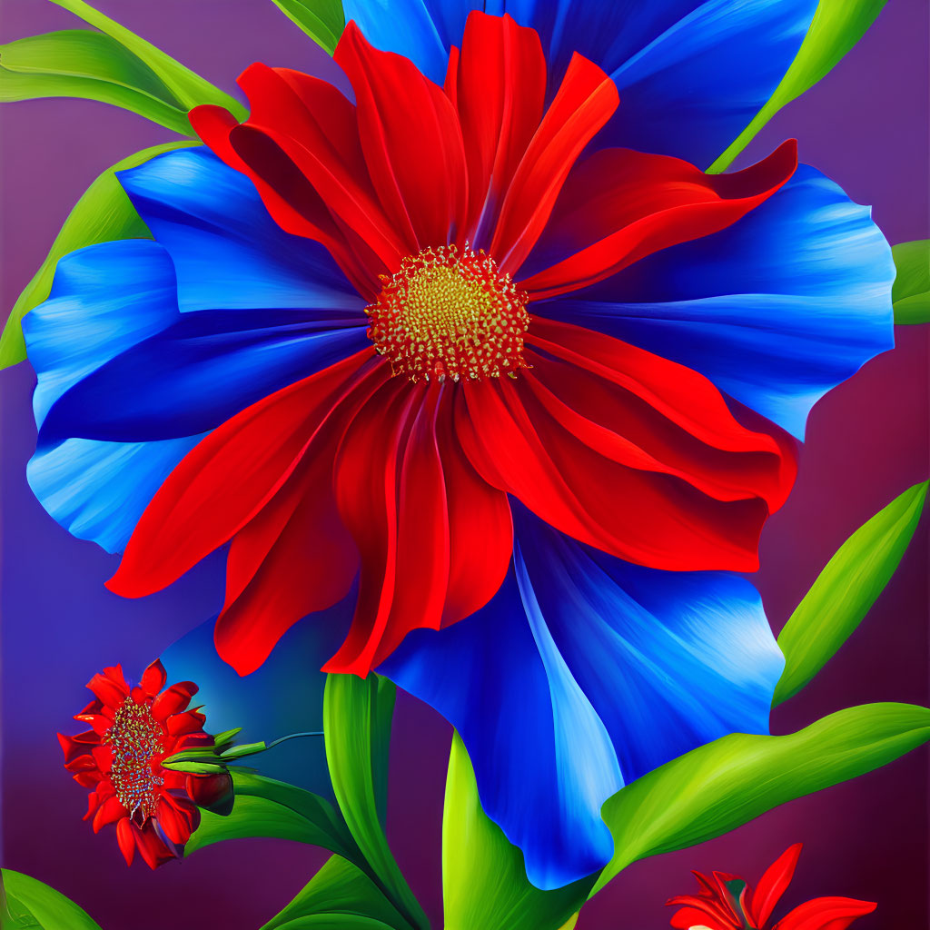 Colorful digital painting of large red flower with blue petals on purple background.